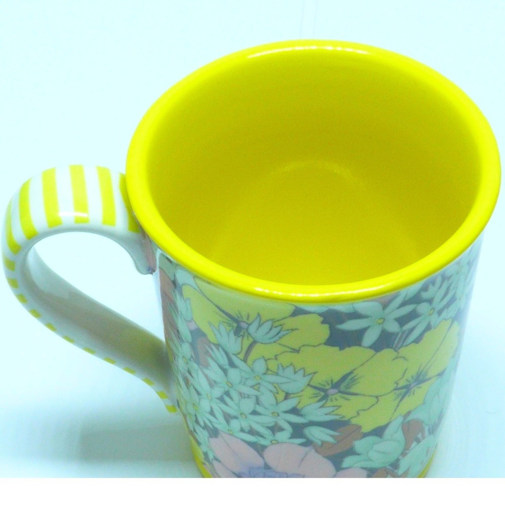Anthropologie Floral Coffee Mug Yellow Striped Handle Boho Botanical Ceramic Cup - Picture 4 of 5